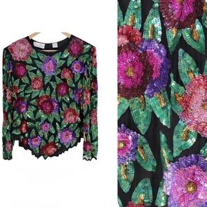 Vintage 100% Silk Beaded Sequin Floral Flower Shirt Blouse Zip Back Large